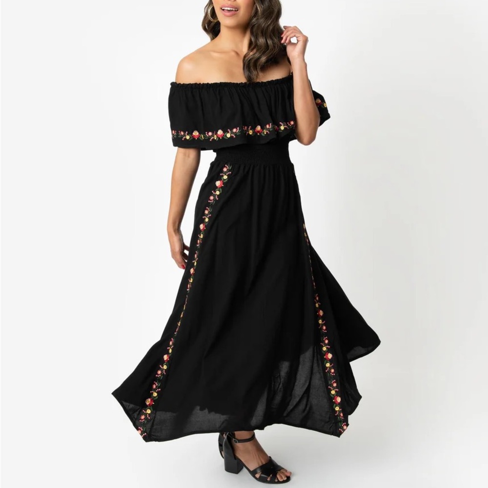 Retro Style Black Embroidered Florals Off Shoulder Ruffle Midi Dress